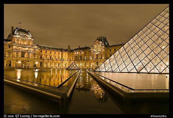 IM Pei Pyramid and Sully Wing at night, The Louvre. Paris, France (color)