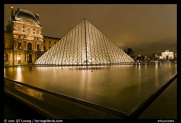 IM Pei Pyramid and reflection ponds at night, The Louvre. Paris, France