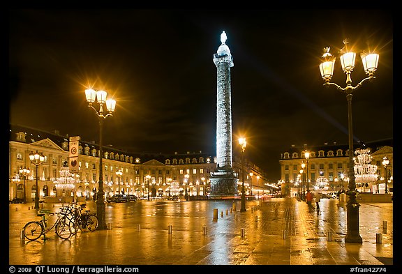 Place Vendome glistening at night. Paris, France (color)