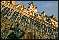 Statue Science by Jules Blanchard and Hotel de Ville at sunset. Paris, France (color)