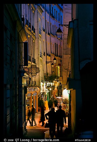 Narrow pedestrian street at dusk. Quartier Latin, Paris, France