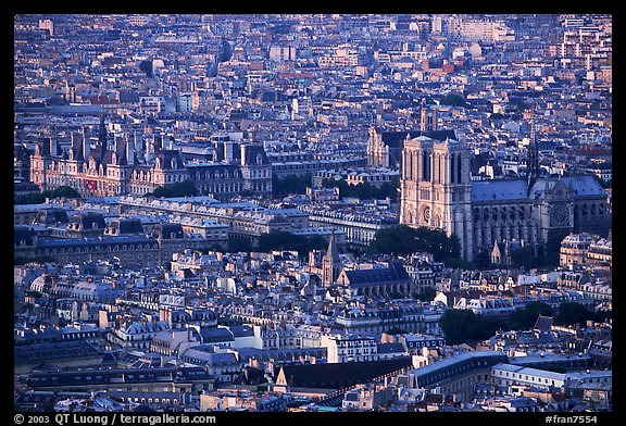 Hotel de Ville (City Hall) and Notre Dame seen from the Montparnasse Tower, sunset. Paris, France