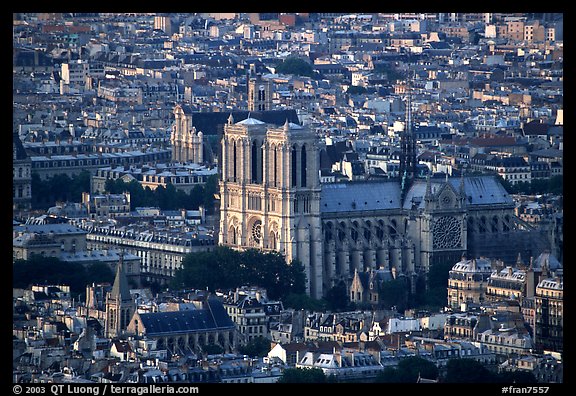 Notre Dame seen from the Montparnasse Tower, sunset. Paris, France