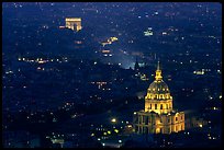 Aerial view of Arc de Triomphe and Invalides by night. Paris, France