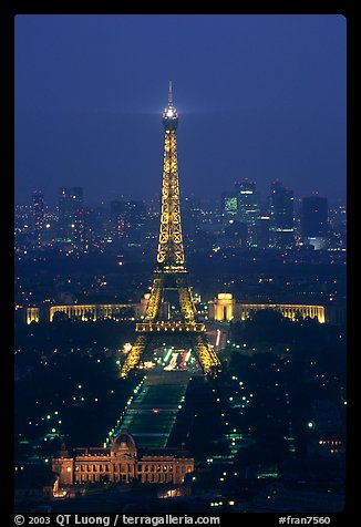 Tour Eiffel (Eiffel Tower) and Palais de Chaillot (Palace of Chaillot)  seen from the Montparnasse Tower by night. Paris, France (color)