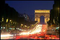 Champs Elysees and Arc de Triomphe at dusk. Paris, France (color)