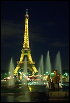 Tour Eiffel (Eiffel Tower) and Fountains on the Palais de Chaillot by night. Paris, France (color)