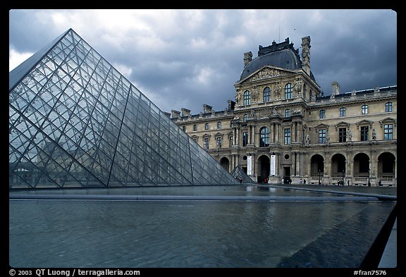 Pyramid and Richelieu wing of the Louvre under dark clouds. Paris, France