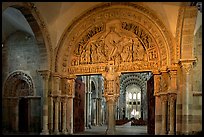 Sculpted doors and typhanum inside the Romanesque church of Vezelay. Burgundy, France (color)