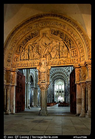 Sculpted Doors and tymphanum inside the Romanesque church of Vezelay. Burgundy, France (color)