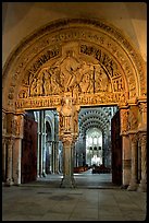 Sculpted Doors and tymphanum inside the Romanesque church of Vezelay. Burgundy, France (color)