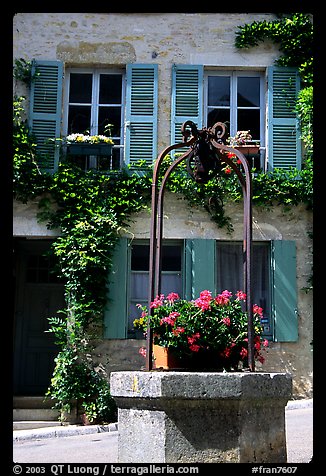 Flowers on a well, old  Vezelay. Burgundy, France (color)