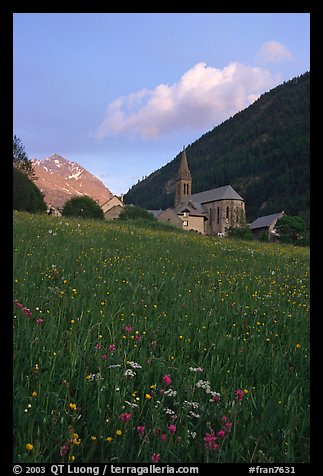 Meadow, Villar d'Arene village, ridge, sunset. France