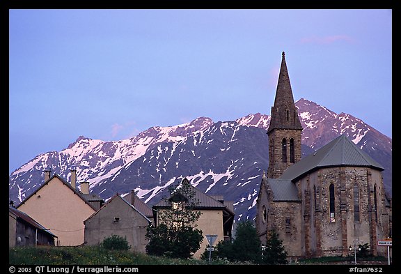 Houses and church,  Villar d'Arene, sunset. France