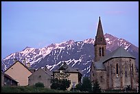 Houses and church,  Villar d'Arene, sunset. France (color)