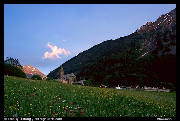 Meadow, Villar d'Arene village, ridge, sunset. France