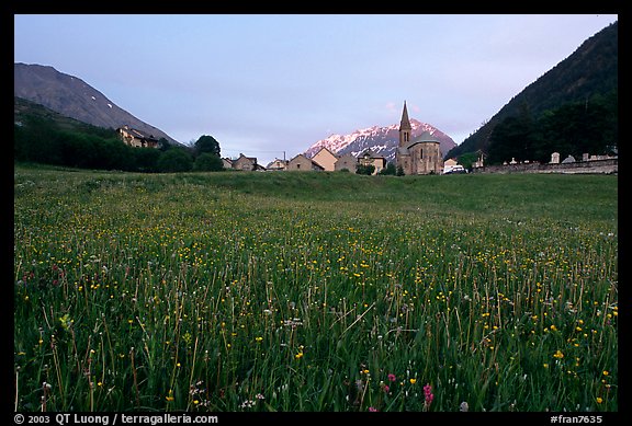 Meadow, Villar d'Arene village,  sunset. France (color)