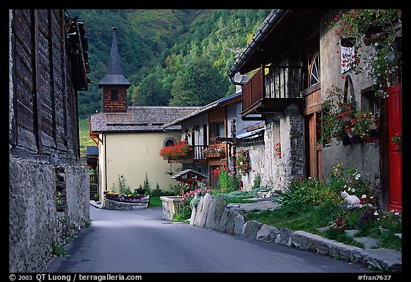 Street and church in village of Le Tour, Chamonix Valley. France