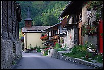 Street and church in village of Le Tour, Chamonix Valley. France (color)