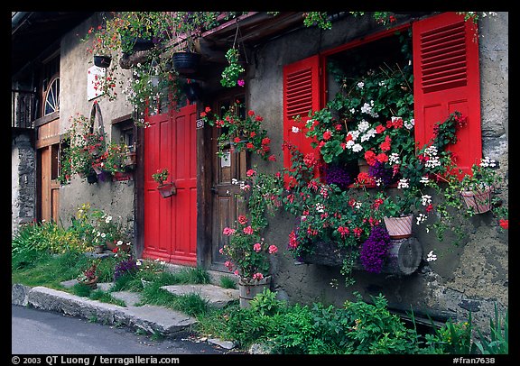 Flowered houses in village of Le Tour, Chamonix Valley. France