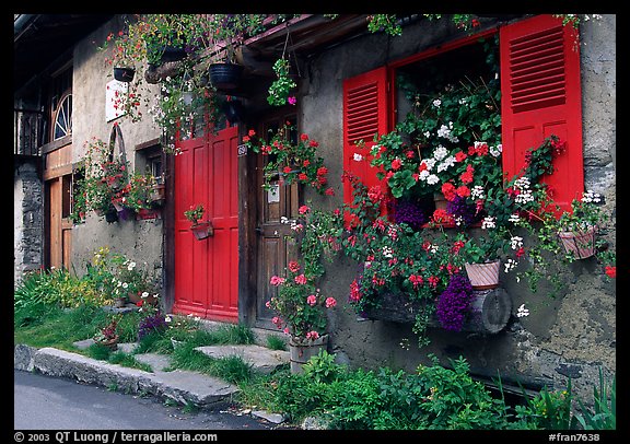 Flowered houses in village of Le Tour, Chamonix Valley. France (color)