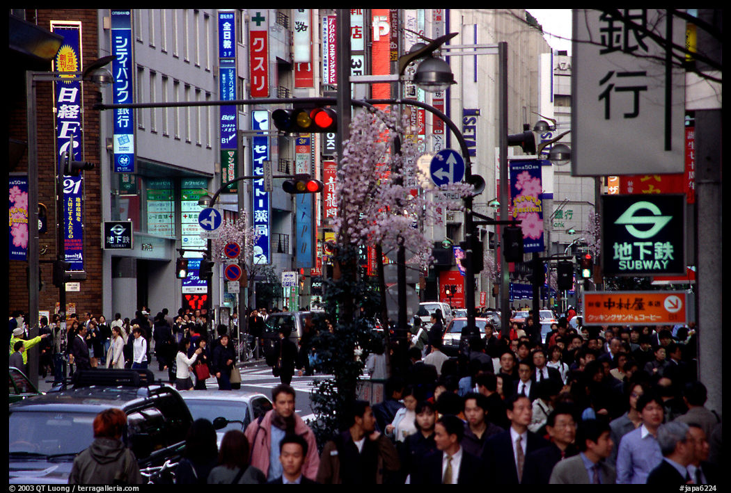 Street in Shinjuku 3-chome looking towards Yotsuya in front of Kinokuniya. Tokyo, Japan