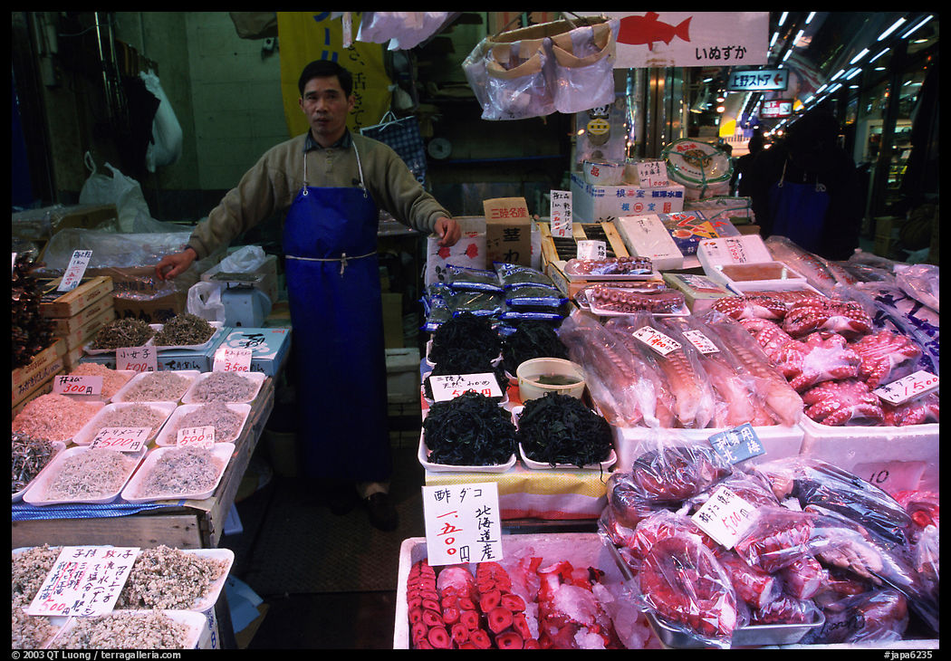 Seafood vendor in a popular street. Tokyo, Japan