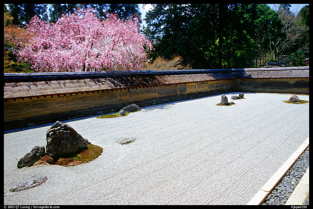 Ryoan-ji Temple has on of the most famous Zen gardens in the karesansui (dry landscape) style, a collection of 15 rocks in a sea of raked sand, enclosed by an earthen wall. Kyoto, Japan