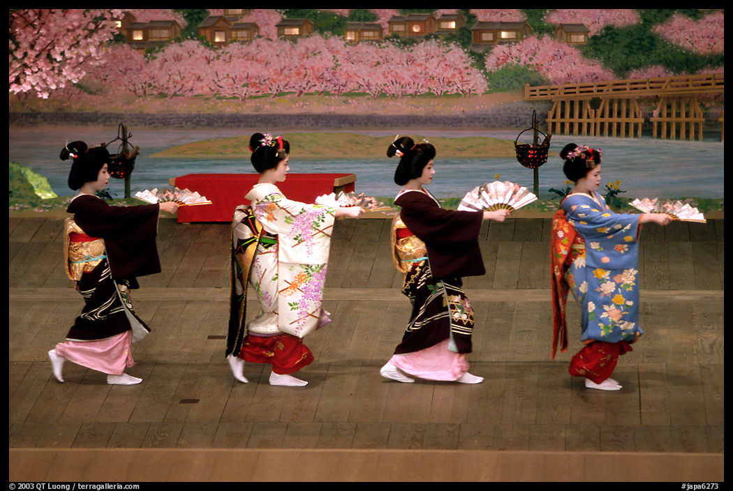 Maiko (apprentice Geisha) dress elaborately to perform the Miyako Odori (cherry blossom dance). Kyoto, Japan