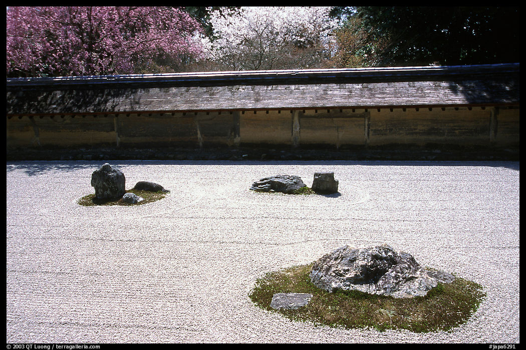 Classic stone and raked sand Zen garden, Ryoan-ji Temple. Kyoto, Japan