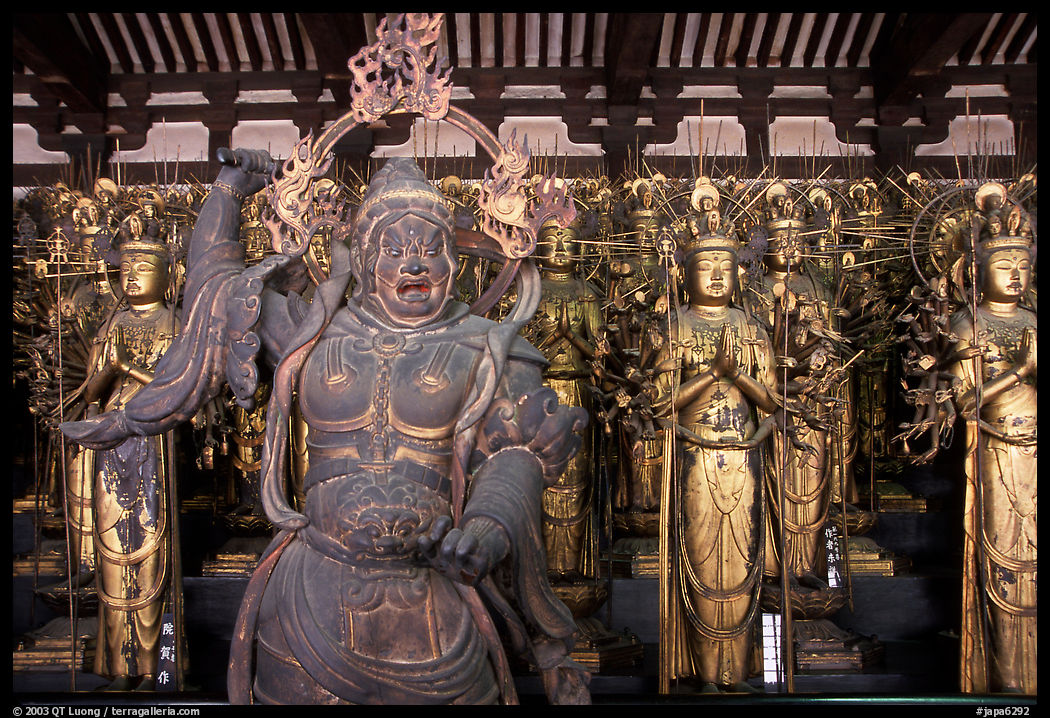 Some of the 1001 statues of the thousand-armed Kannon (buddhist goddess of mercy), Sanjusangen-do Temple. Kyoto, Japan