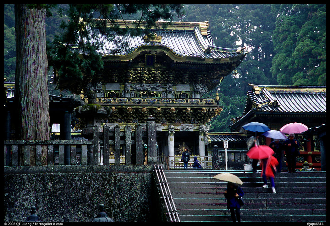 Stairs bellow the main hall of Tosho-gu Shrine on a rainy day. Nikko, Japan