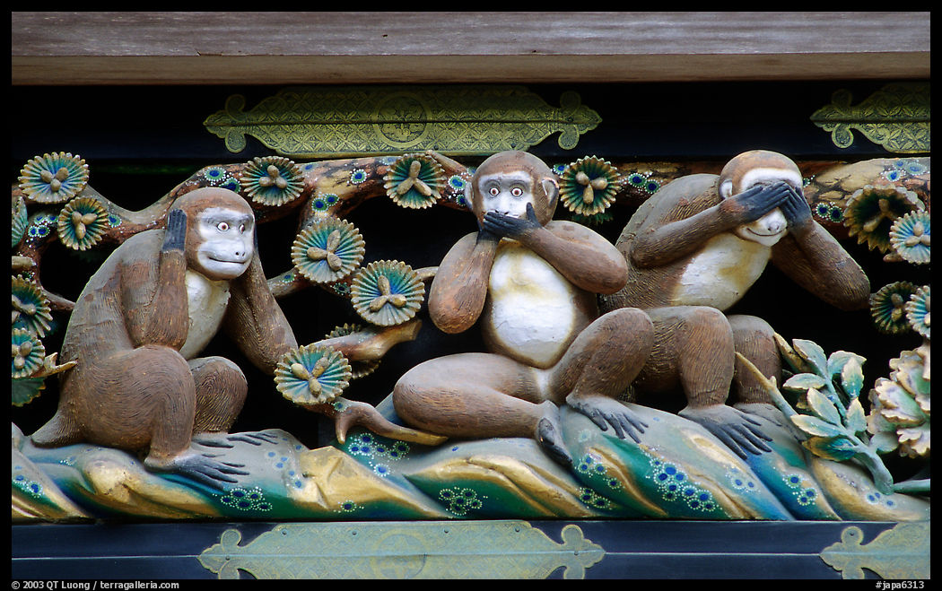 Three-monkey relief carving (hear no evil, see no evil, speak no evil) on Shinkyusha. Nikko, Japan