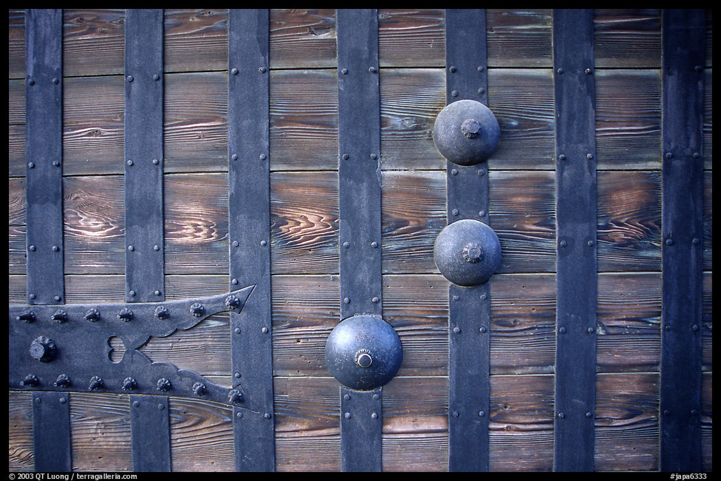 Detail of heavy wooden door. Himeji, Japan