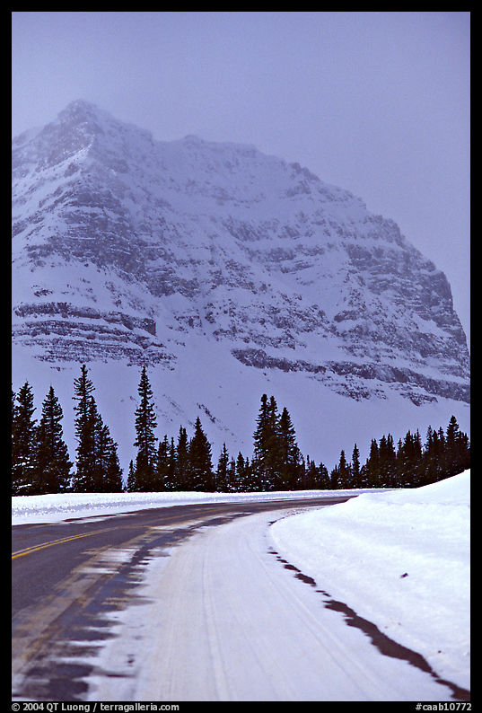 Icefields Parkway partly covered by snow. Banff National Park, Canadian Rockies, Alberta, Canada