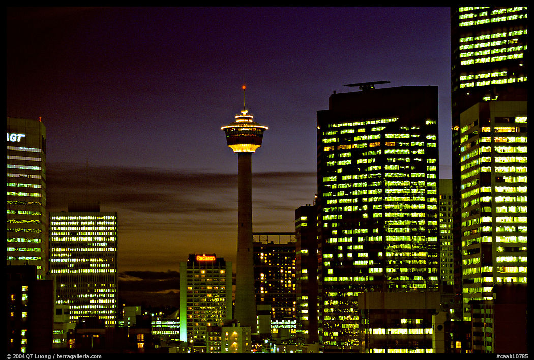 Tower and high-rise buidlings at night. Calgary, Alberta, Canada