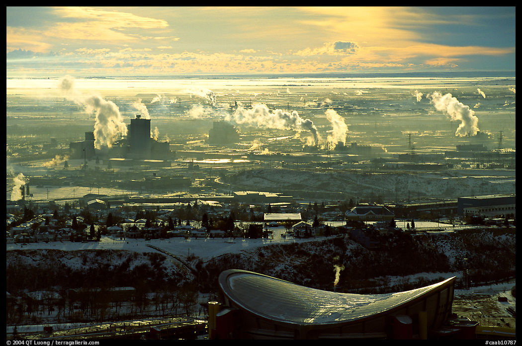 Stadium and industrial exhaust seen from the Tower. Calgary, Alberta, Canada