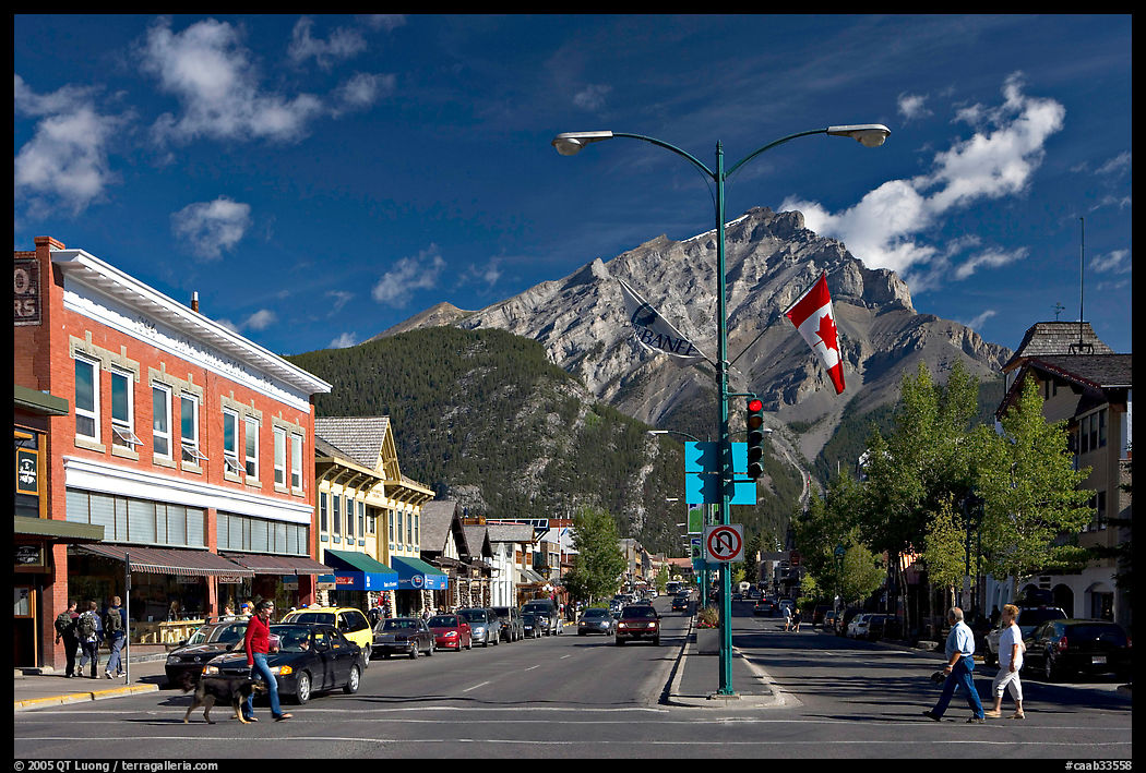 Banff Avenue and Cascade Mountain, mid-morning. Banff National Park, Canadian Rockies, Alberta, Canada