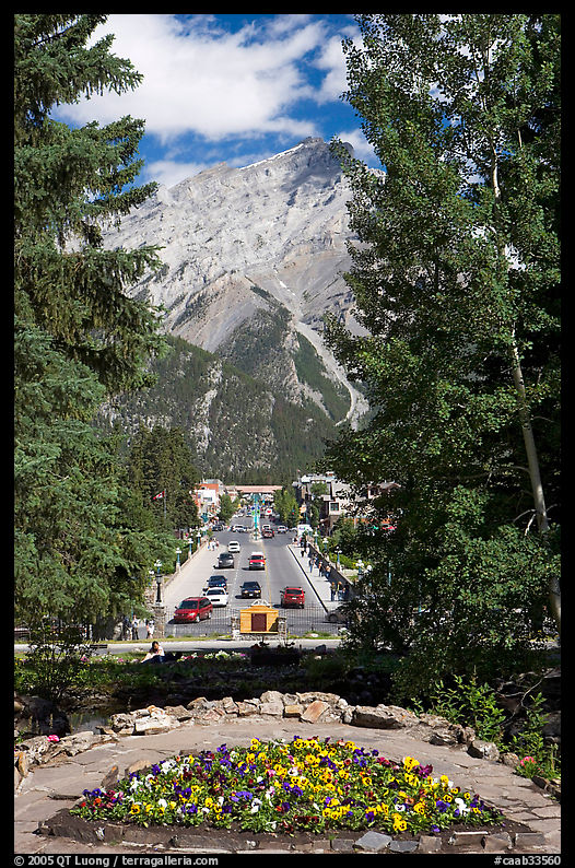 Banff Avenue seen from Cascade Gardens, mid-day. Banff National Park, Canadian Rockies, Alberta, Canada