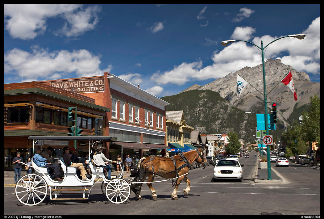 Horse carriage on Banff avenue. Banff National Park, Canadian Rockies, Alberta, Canada