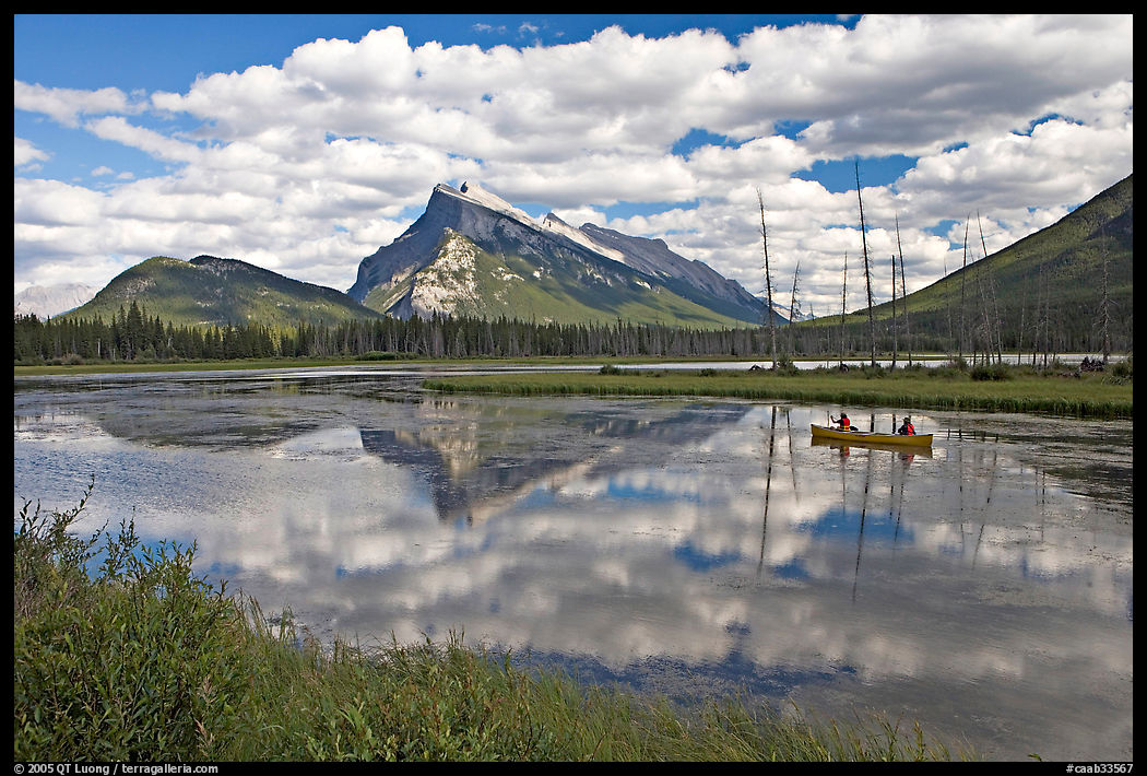 Canoe on first Vermillion Lake, afternon. Banff National Park, Canadian Rockies, Alberta, Canada