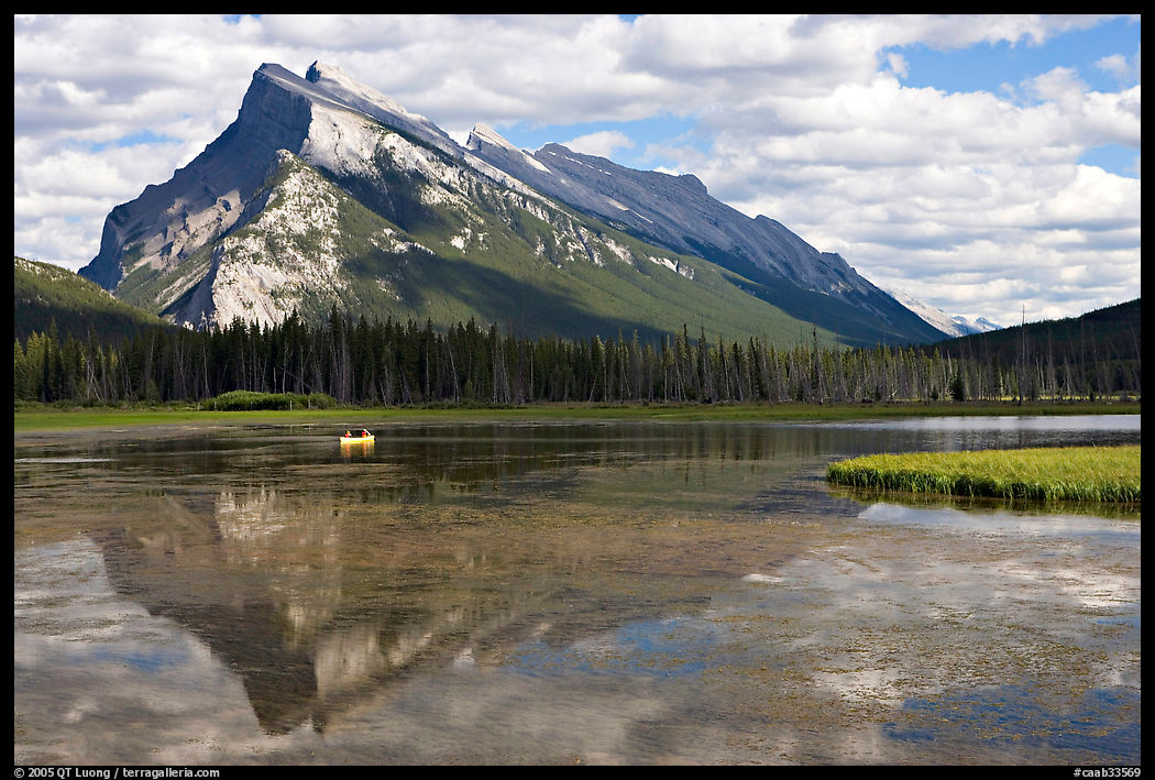 Mt Rundle reflected in first Vermillion lake, afternoon. Banff National Park, Canadian Rockies, Alberta, Canada