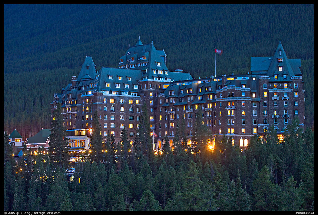 Banff Springs Hotel at dusk. Banff National Park, Canadian Rockies, Alberta, Canada