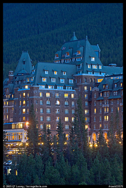 Banff Springs Hotel at dusk. Banff National Park, Canadian Rockies, Alberta, Canada