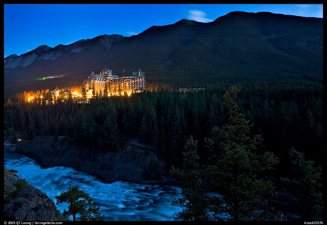 Banff Springs Hotel, Bow River and Falls at night. Banff National Park, Canadian Rockies, Alberta, Canada
