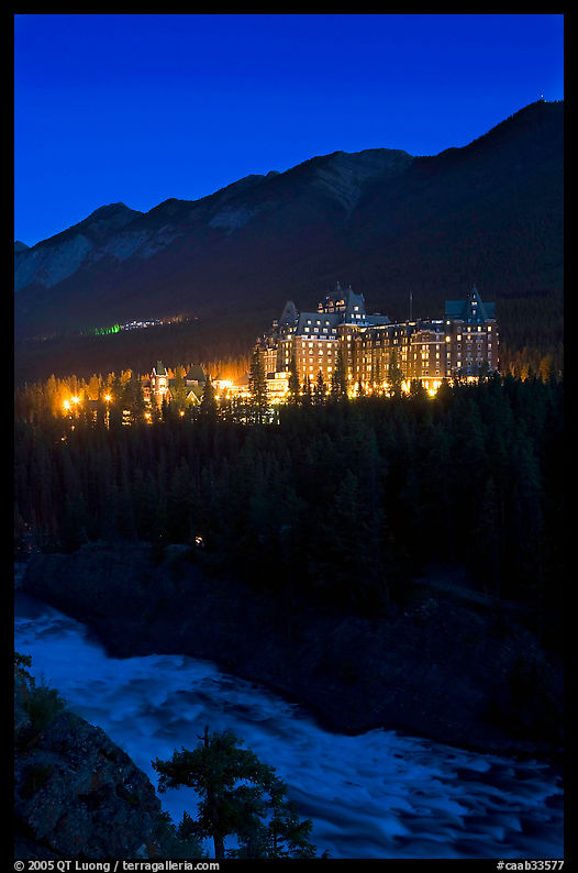 Banff Springs Hotel and Bow River from Surprise Point at night. Banff National Park, Canadian Rockies, Alberta, Canada