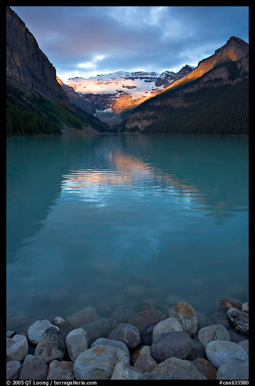 Boulders, Lake Louise, and Victoria Peak, sunrise. Banff National Park, Canadian Rockies, Alberta, Canada