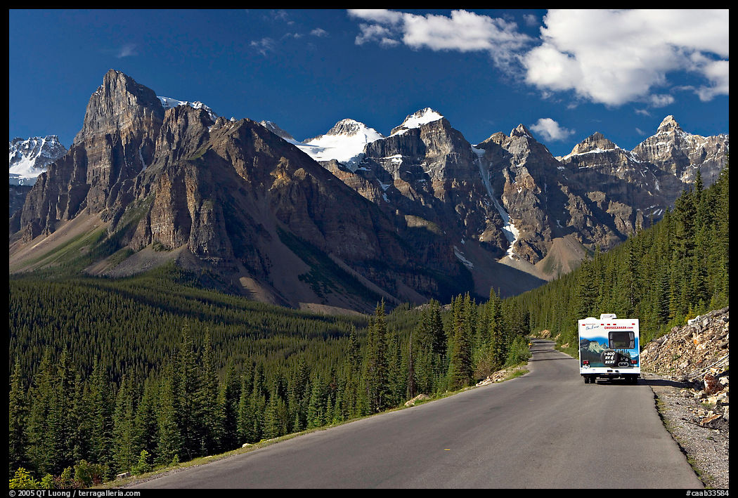 RV on the road to the Valley of Ten Peaks. Banff National Park, Canadian Rockies, Alberta, Canada