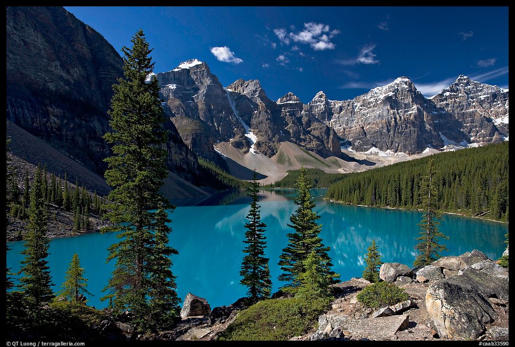 Moraine Lake and Wenkchemna Mountains , mid-morning. Banff National Park, Canadian Rockies, Alberta, Canada
