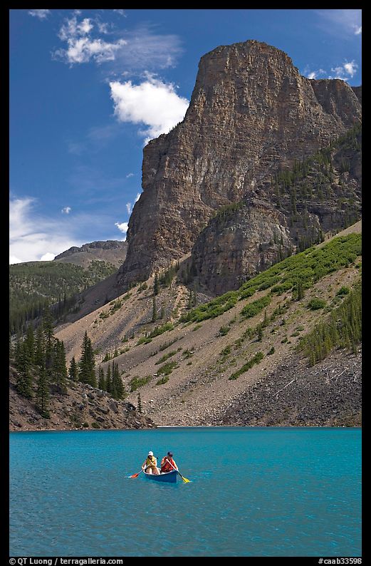 Canoe on Moraine Lake, afternoon. Banff National Park, Canadian Rockies, Alberta, Canada